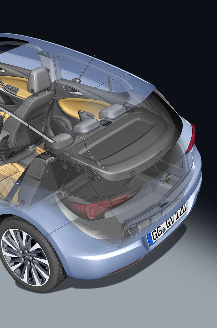 Przekrój bagażnik Astra 5 hatchback 5-drzw. Wysoko półka bagażnika, przekrój