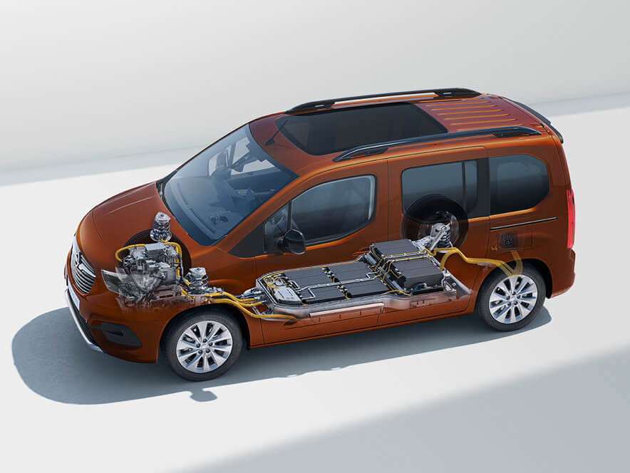 Przekrój Opel Combo-e, baterie pod podłogą, napęd elektryczny