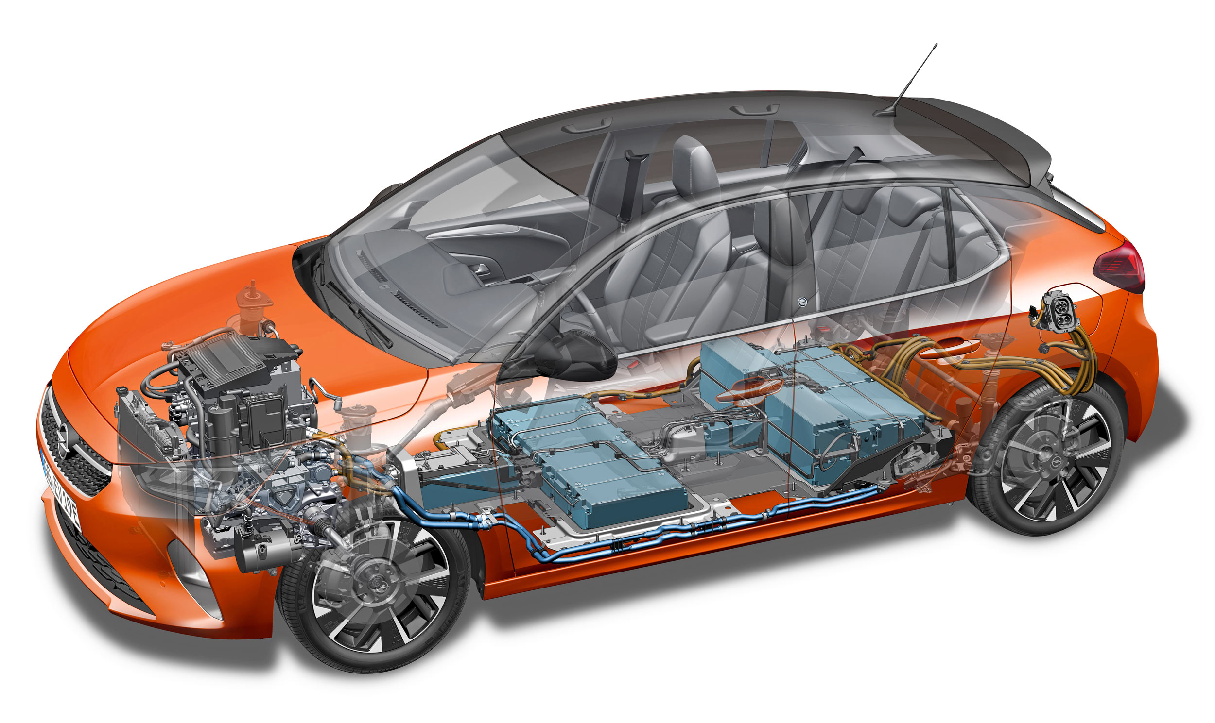 Przekrój Opel Corsa-e, silnik elektryczny, baterie