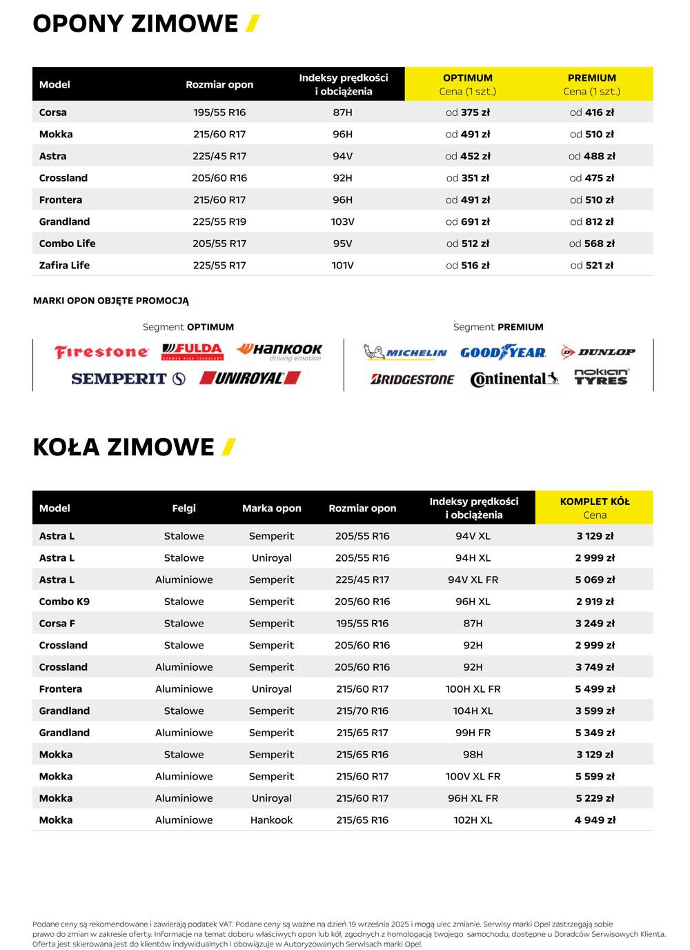 Ceny opon, kół zimowych Opel