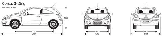 Opel Corsa 3-drzwiowa - wymiary nadwozia