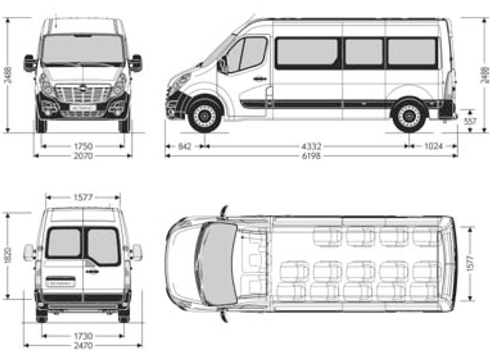 Wymiary nadwozia Opel Movano Bus L3H2
