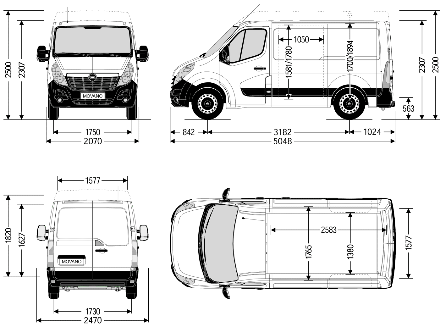 Wymiary nadwozia Opel Movano Van L1H1 / L1H2