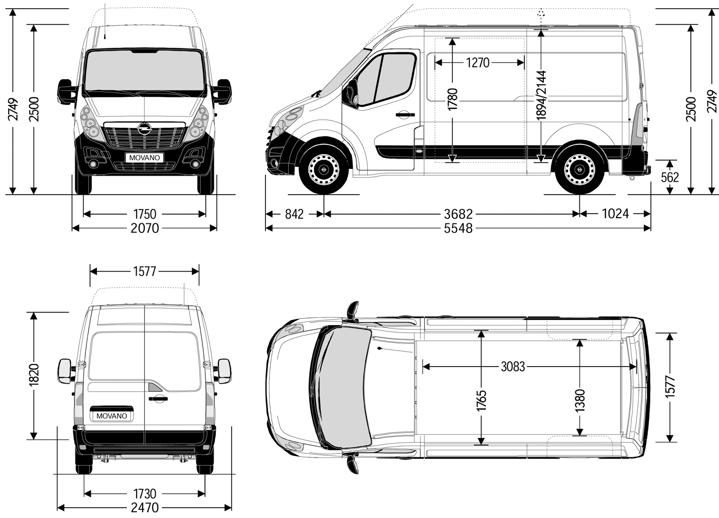 Wymiary nadwozia Opel Movano Van L2H2 / L2H3