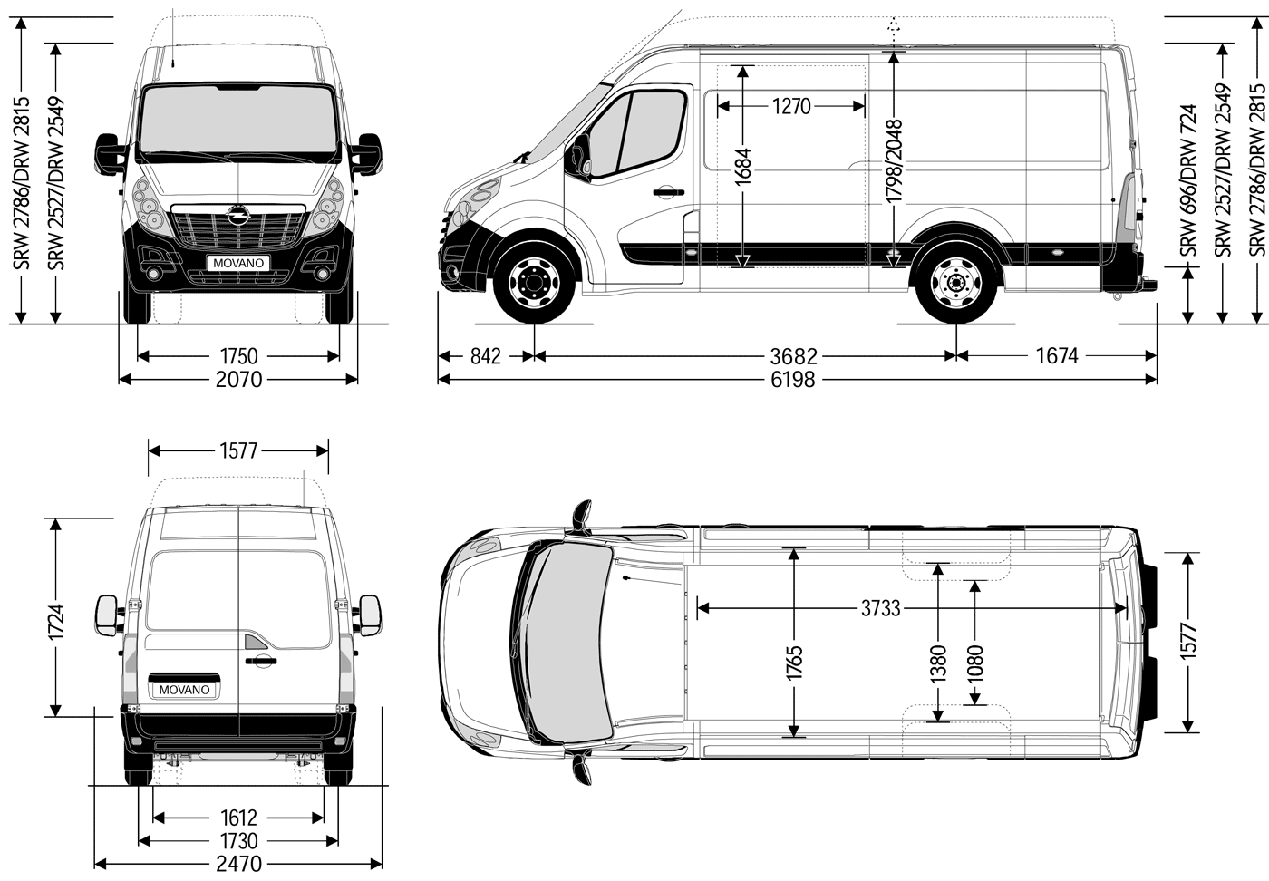 Wymiary nadwozia Opel Movano Van L3H2 / L3H3 tylny napęd