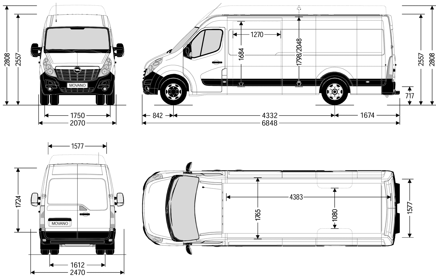 Wymiary nadwozia Opel Movano Van L4H2 / L4H3 tylny napęd