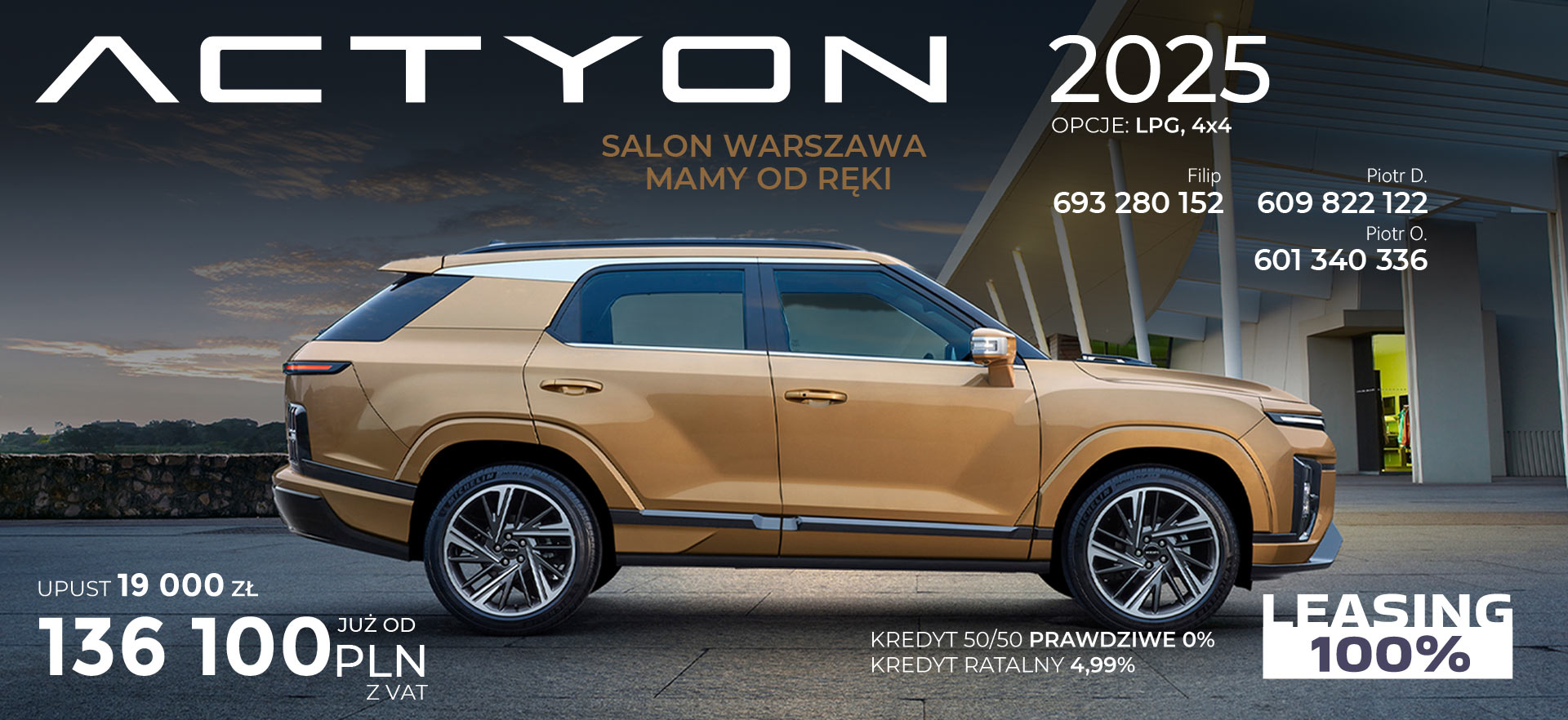 Nowy SsangYong KGM Actyon 2025 cena brutto po upuście. Kredyt promocyjny 50/50. Leasing 100%