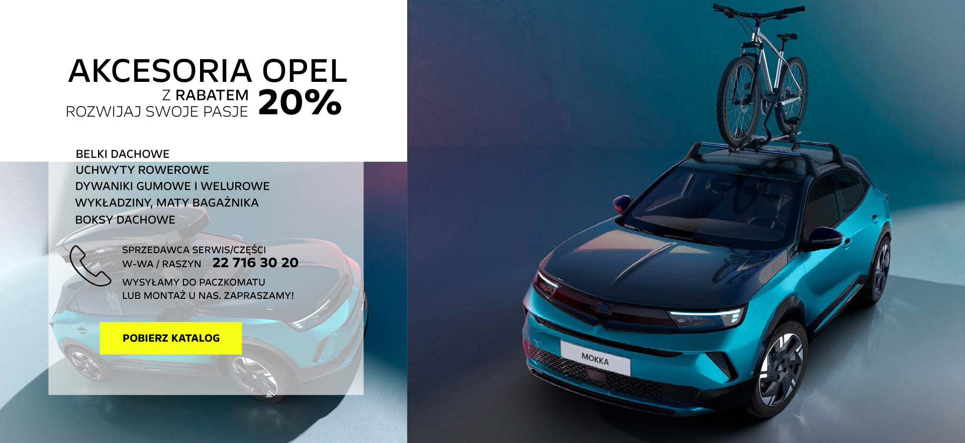 Promocja, Rabat na Akcesoria Opel. Opel Mokka z rowerem i boksem na dachu