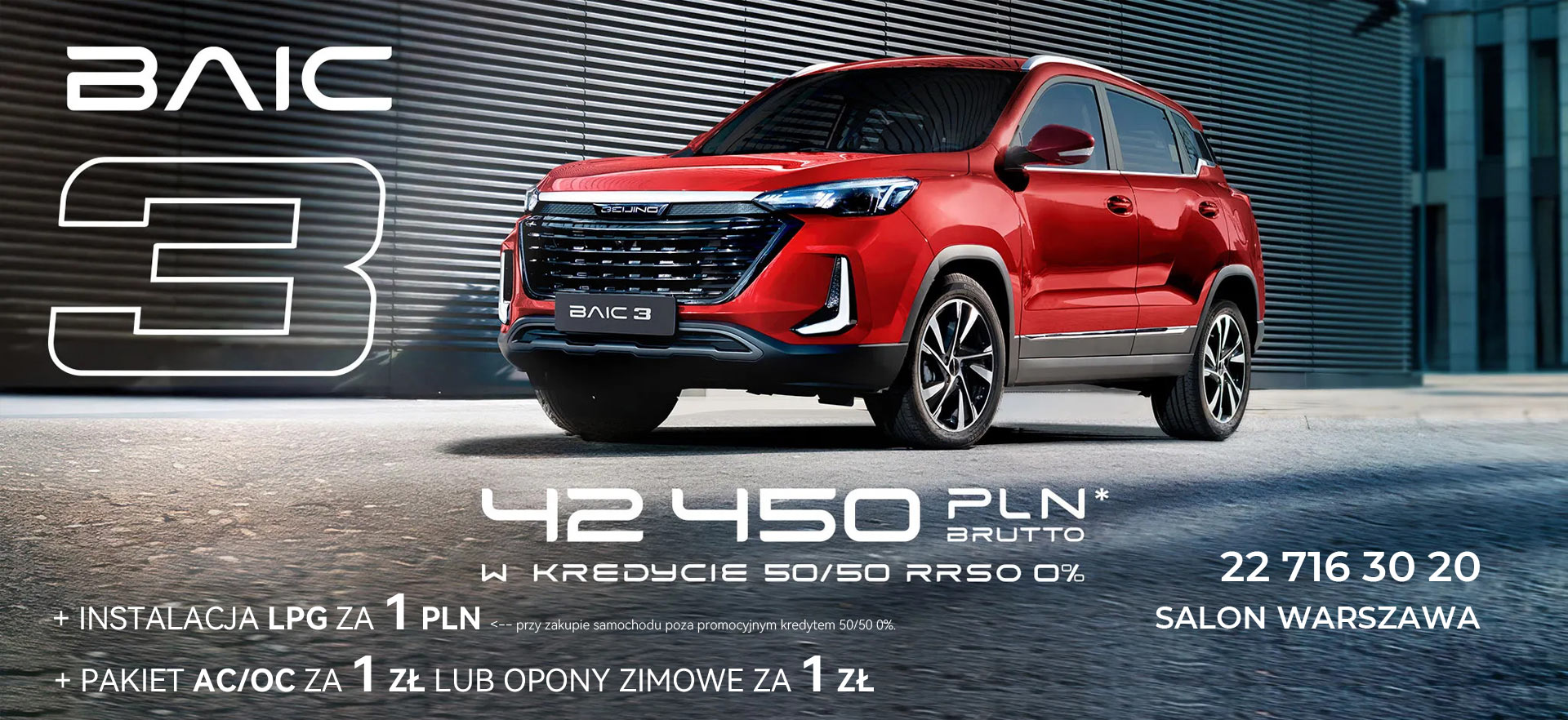 BAIC Beijing 3 cena auta. Rata kredytu zero procent. Ubezpieczenie za złotówkę. LPG za złotówkę. Opony zimowe w promocji