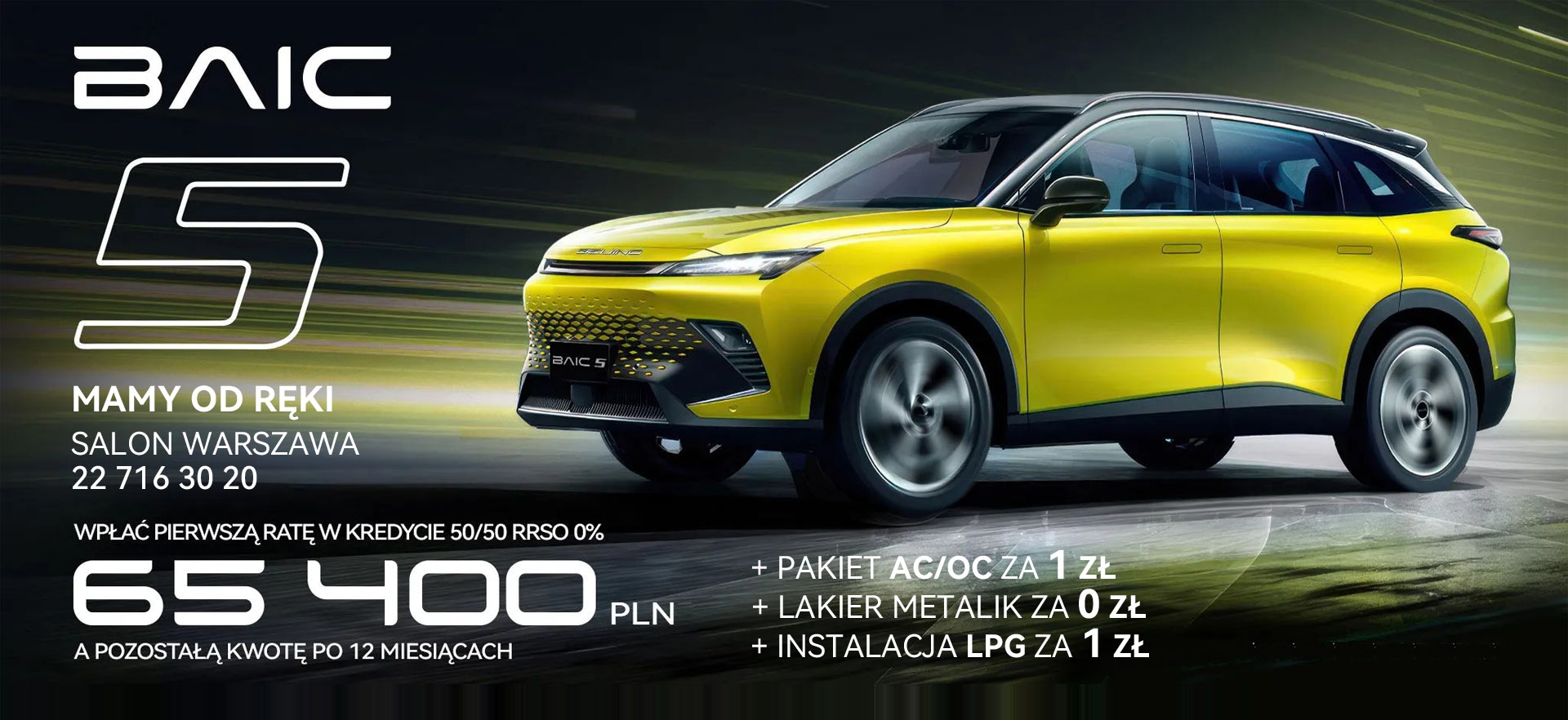 BAIC Beijing 5 w kredycie 50/50 Prawdziwe 0%. Pakiet Ubezpieczeń AC/OC za złotówkę. Lakier metalik gratis. Instalacja LPG 1 PLN