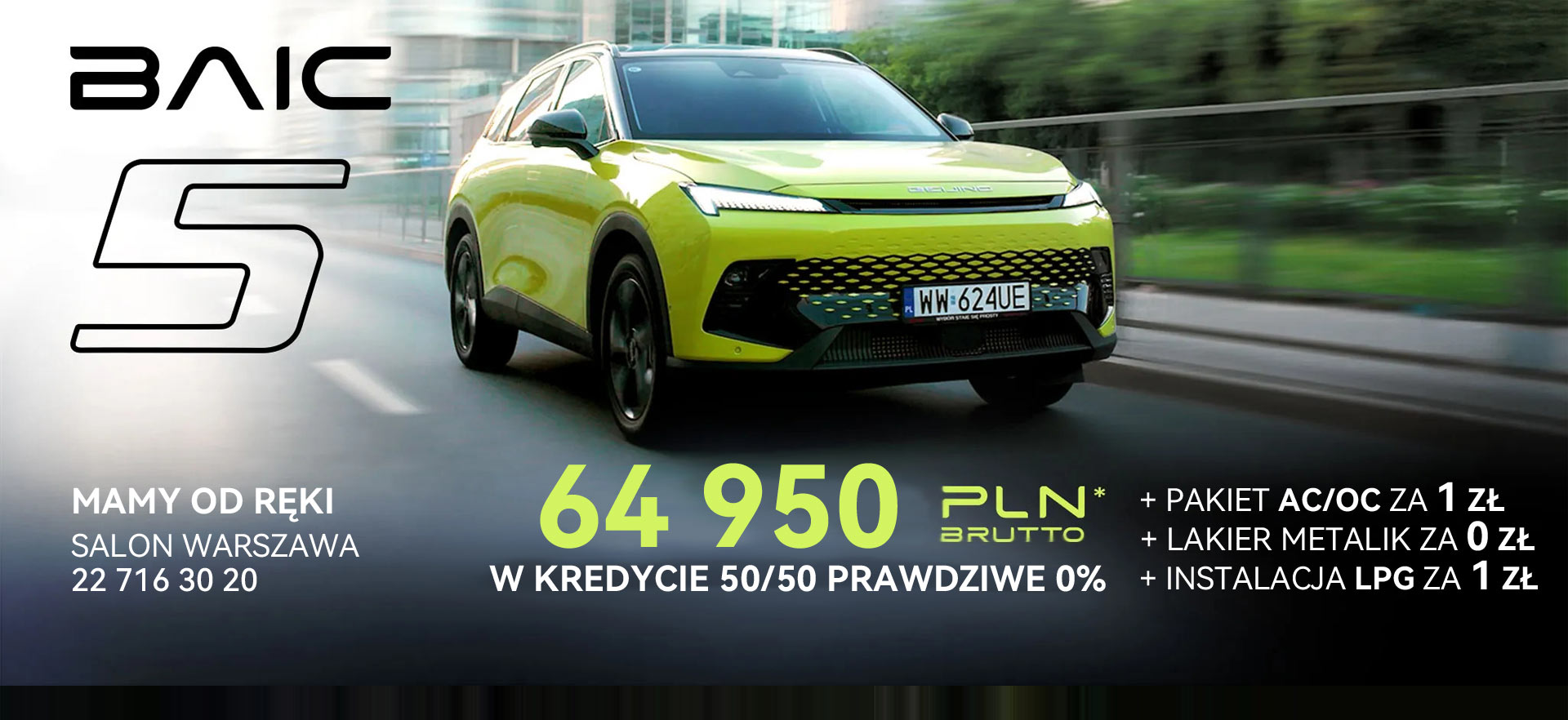 BAIC Beijing 5 w kredycie 50/50 Prawdziwe 0%. Pakiet Ubezpieczeń AC/OC za złotówkę. Lakier metalik gratis. Instalacja LPG 1 PLN