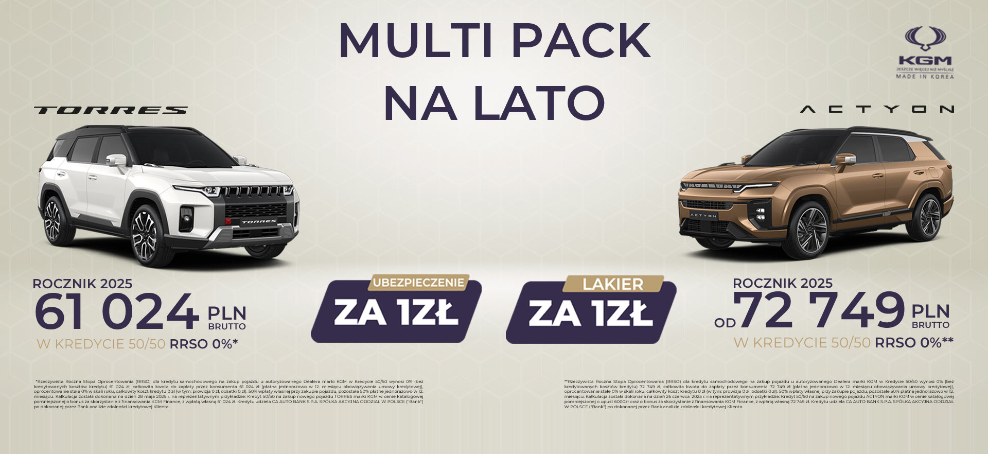 SsangYong KGM Torres i Actyon 2025 ceny w Kredycie 50/50 0%. Lakier i Ubezpieczenie za 1 zł