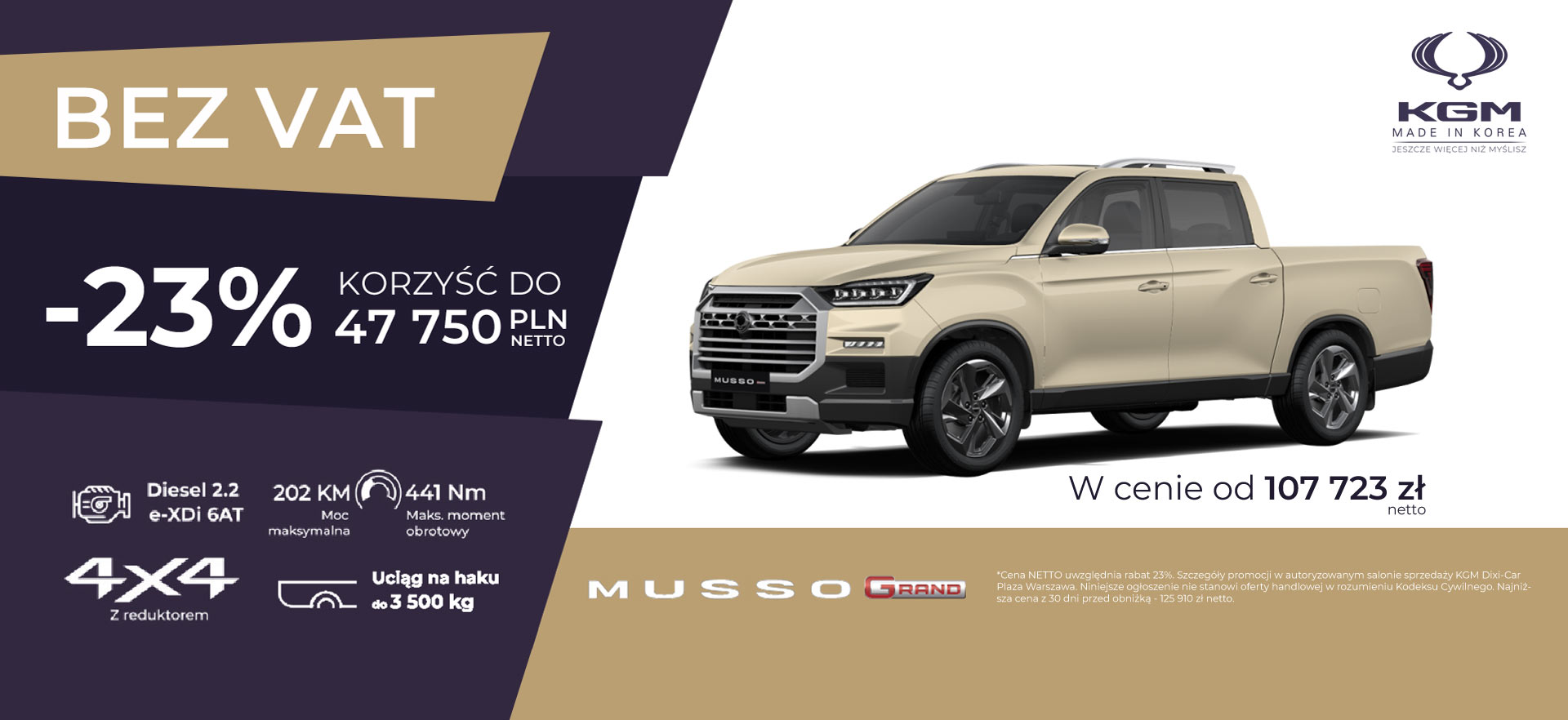 Wyprzedaż pick-up'a KGM Musso Grand z rocznika 2025. Cena po rabacie 23%